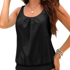 Yonique Women's Black Blouson Tankini Swim Top Size M